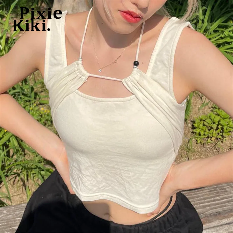 

Укороченный топ на бретелях PixieKiki Y2k, уличная одежда, однотонные футболки без рукавов для женщин, летние милые сексуальные майки, топы