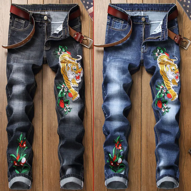 

Men's Youth Slim Pants Straight Men's Trousers Stretch Embroidered Hole Fashion Tiger Embroidered Jeans blue black 2 color