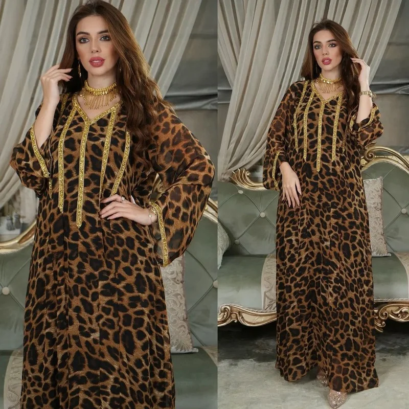 

Islam Abaya Dress Leopard Print Phnom Penh Sexy Muslim Abayas for Women Turkey Dubai Islamic Loose Robe Femme Musulmane