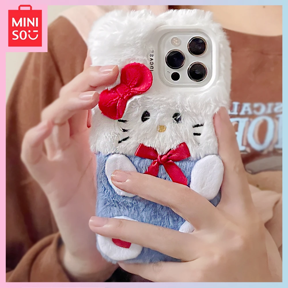 

Miniso Hello Kitty Kawaii Iphone 14Promax Bow 15Pro Cartoon 13/12 Anti-Fall 11 Plush Phone Case Girls Birthday Christmas Gift