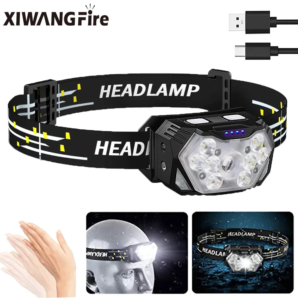 

Налобный фонарь с мощным датчиком, USB перезаряжаемая головка, 6 режимов, 9 светодиодный, фонарь для кемпинга, походов, рыбалки