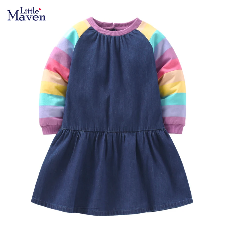 

Little maven 2022 Baby Girls Denim Dress Long Sleeves Colorful Casual Clothes Autumn Comfort and Soft Frocks for Kids 2-8 year