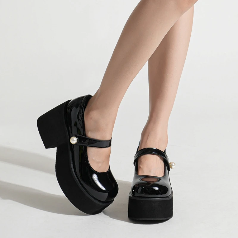 

Punk Platform Patent Leather Women Pumps Thick Bottom High Heels Red Mary Jane Shoes Japanese Style Lolita Shoes Big Size 42