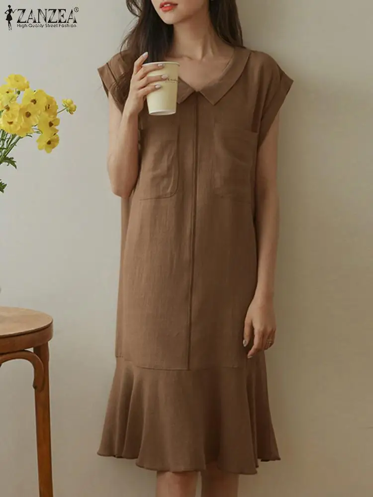 

ZANZEA 2022 Women Summer Sundress Elegant Ruffle Dress Short Sleeve Lapel Knee Length Vestidos Female Solid Robe Femme Oversized