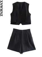 xnwmnz 2022 women summer casual suits solid linen shorts or short vest jacket female elegant fashion chic crop tops
