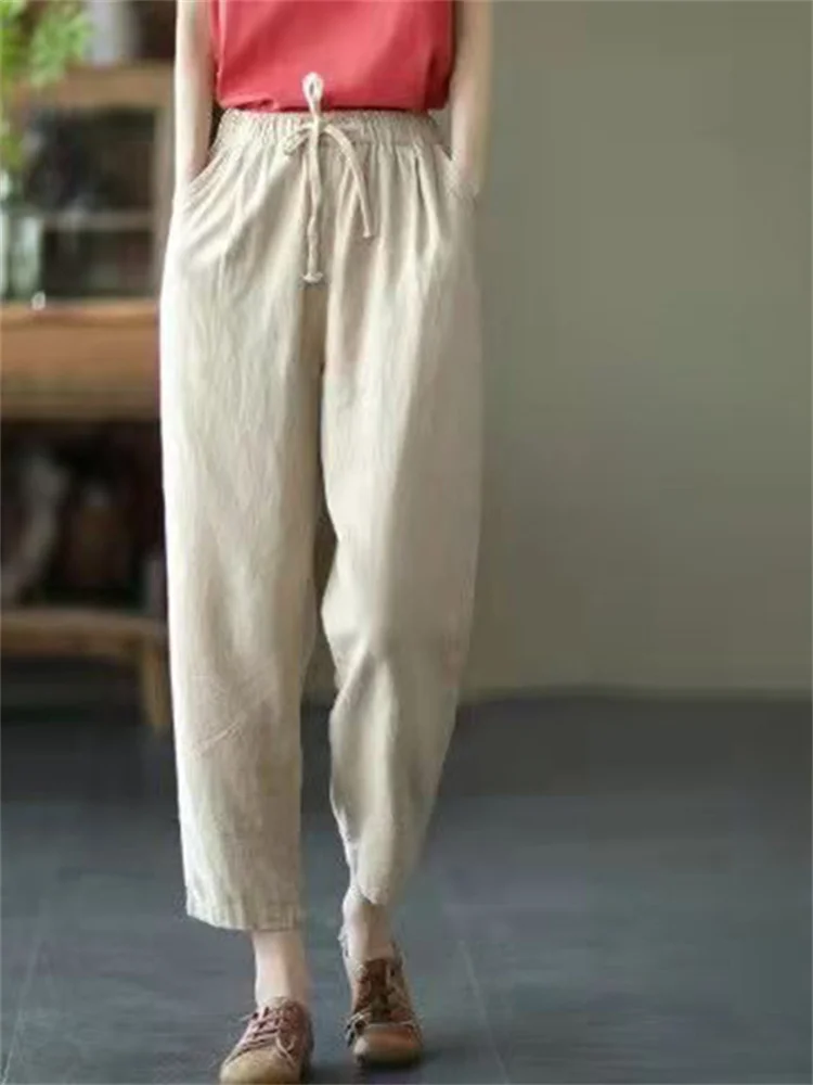 

2022 New Fashion Spring Summer Cotton Linen Pants Women Solid Color Casual Ankle-length Pant Women Lace-up Waist Loose Trousers
