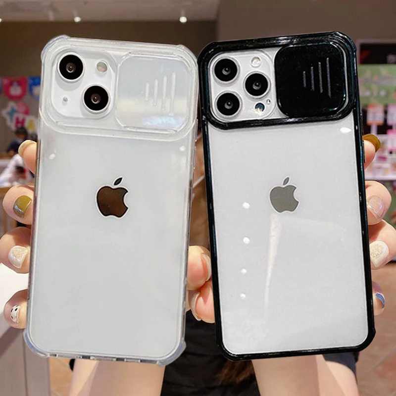 

Slide Camera Lens Protector Phone Case For iPhone 13 12 11 Pro Max 8 7 Plus XS SE XR X 13Pro Soft Transparent Shockproof Cover