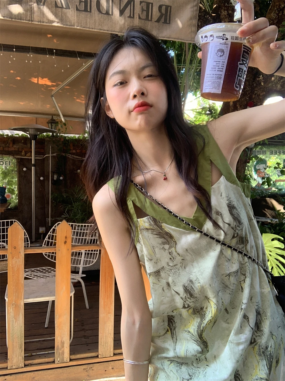 In Stock Sweet and Spicy Hollow Slit V-neck Sleeveless Sling Dress Women Summer Tie-dye Green Show Temperament Ribbon Long dress |