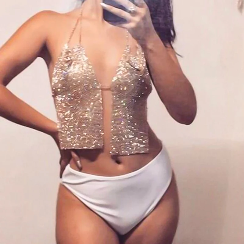 

Trendy Long 2 Piece Stitching Rhinestone Metallic Halter Top Women Party Costume Hotties Nightclub Prom Rave Flash Camisole