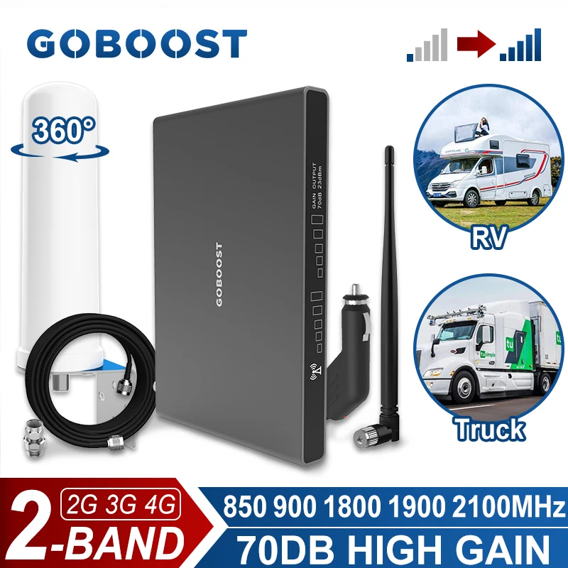 GOBOOST Cellular Signal Amplifier For RV/Truck 2G 3G 4G Dual Band Booster 70dB 850 900 1800 1900 2100 MHz Network Repeater Kit