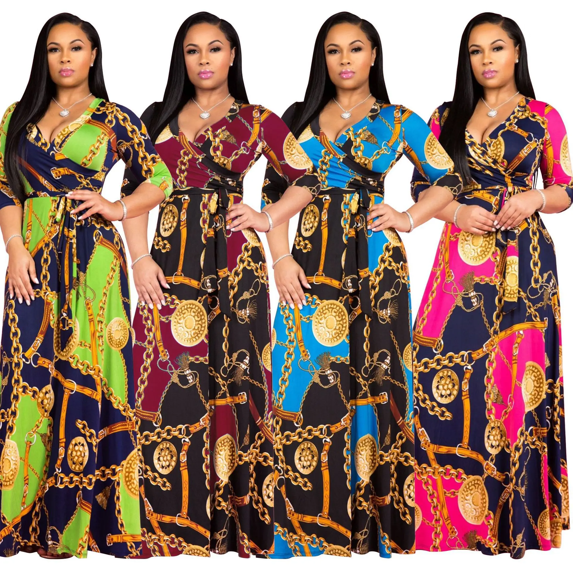 

Summer new African European and American V-neck digital printing large swing sexy waist and floor long skirt dress