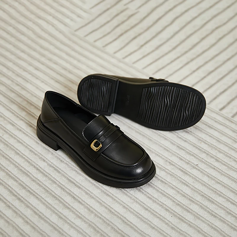 2023 Spring British Style Loafers Women Round Toe Chunky Heel Single Shoes Female Slip On Low Heel Casual Leather Shoes Woman