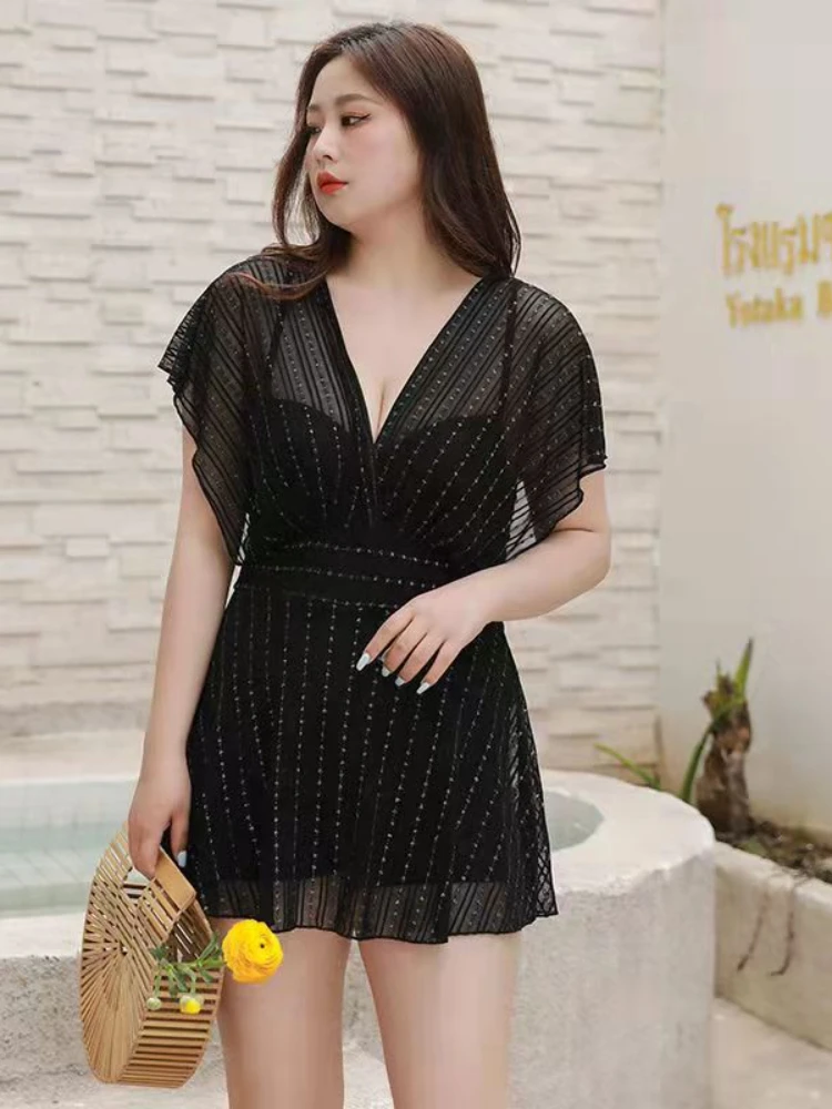 

Size Monokini Swimwear Korean 2022 New Women V-neck Short Sleeve A Line Swim Dress Padding One Piece Swimsuit Ladies Korean