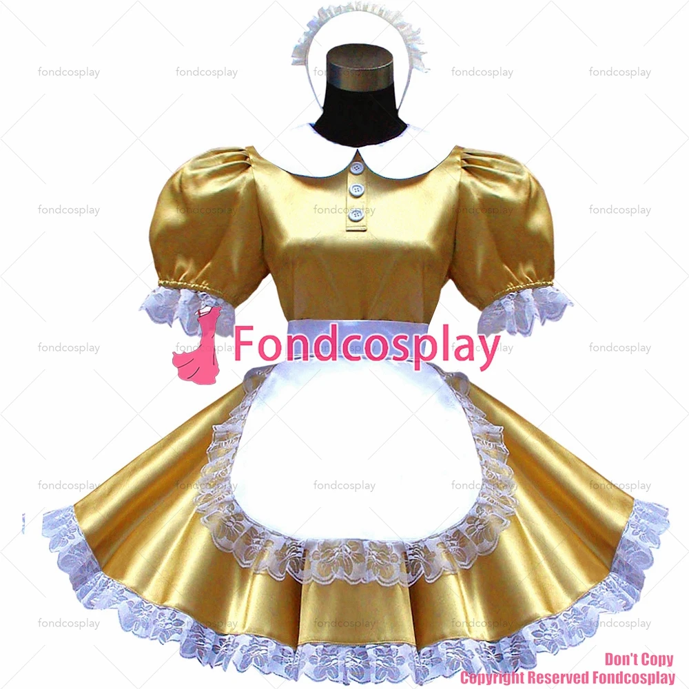 

fondcosplay adult sexy cross dressing sissy maid lockable gold satin dress Peter pan collar white apron CD/TV [G1610]