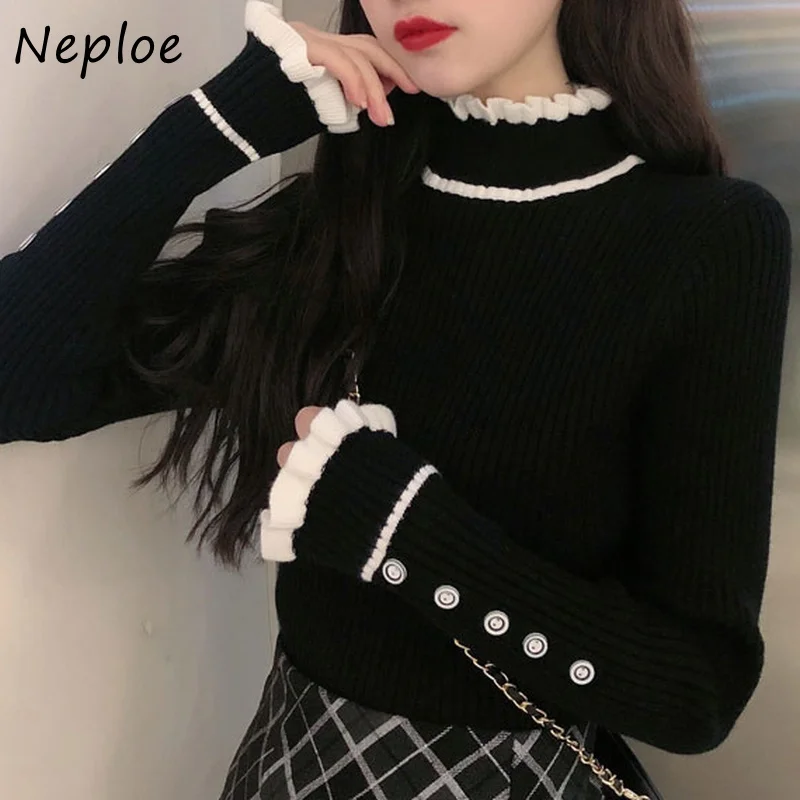 

Neploe Jersey Mujer Vintage Pull Femme Stand Neck Fungus Edge Contrast Color Patchwork Jumpers Long Sleeve Chic Buttons Sweater