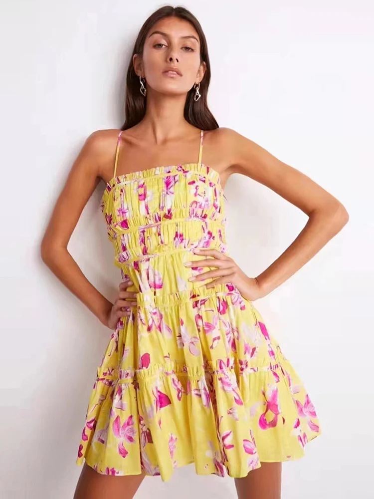 

Delocah High Quality Summer Women Fashion Designer Mini Dress Sexy Spaghetti Strap Ruffles Beach Holiday Floral Print Dresses
