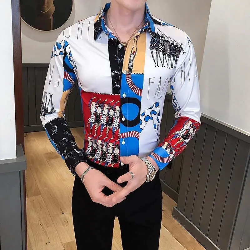 Fashion autumn fashion printed men's shirt Korean version of long sleeve handsome personality slim British casual shirt