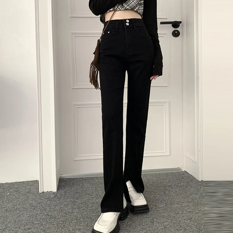 

Spring Women Straight Leg Jeans Korean Fashion Double Button High Waist Side Split Black Jeans Woman Casual Loose Denim Trousers