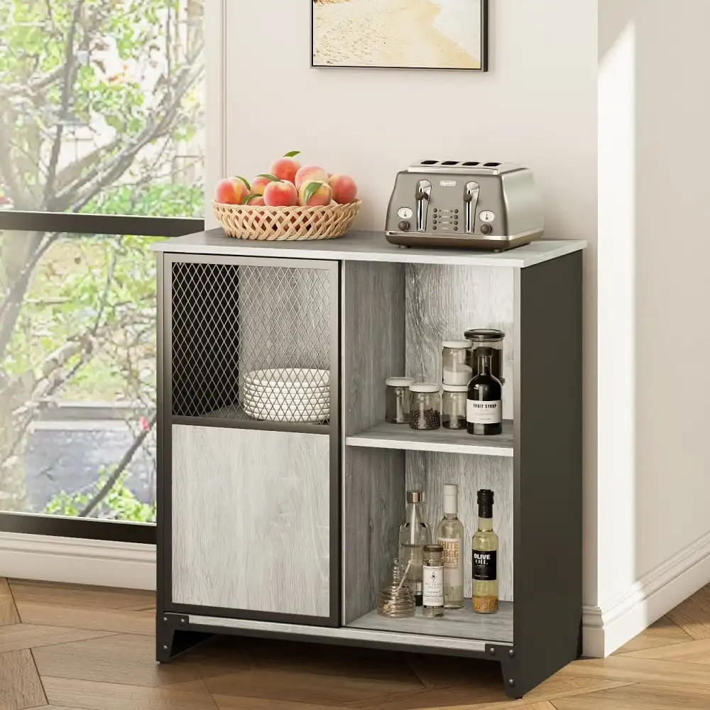 

Farmhouse Kitchen Storage Cabinet Sideboard Buffet with Sliding Door Gray