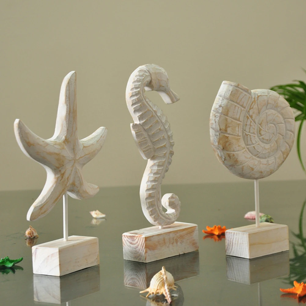 

Mediterranean Style Wood Carving Crafts Desktop Ornaments Seahorse Conch Starfish Wooden Statue Marine Style Home Decoraiton