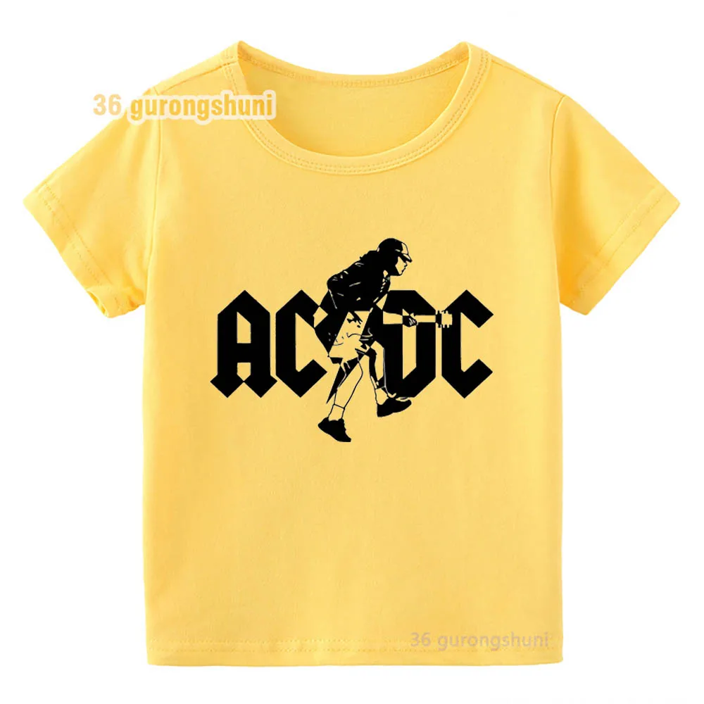 Фото Футболка для мальчиков, одежда ACDC, детская футболка, футболки для маленьких девочек, желтые футболки с графическим рисунком, детская одежда, летняя одежда для мальчиков с коротким рукавом №2