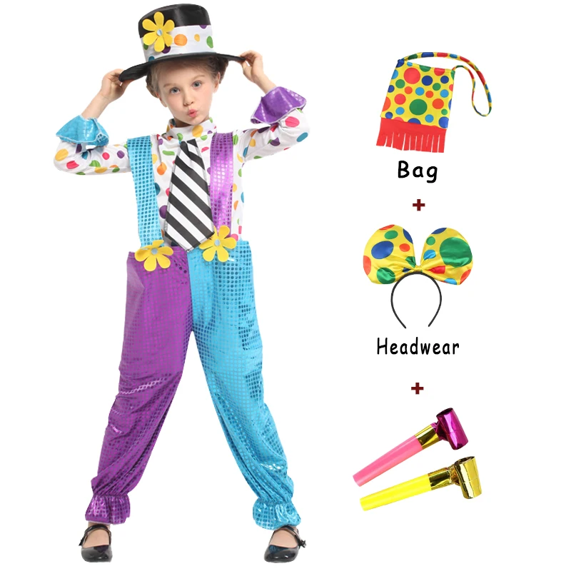 

Carnival Variety Children Funny Clown Costumes With Headwear Girl Joker Cosplay Party Dress Up Clown Suits