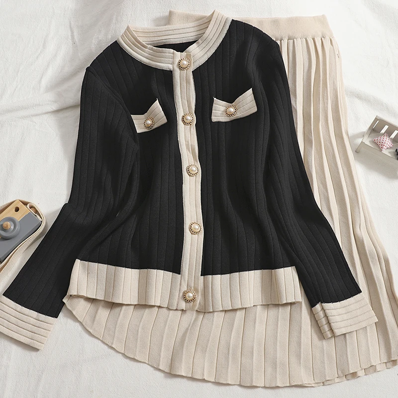 

2023 Autumn Knitted 2 Piece Set Chic Office Ladies Single Breasted Pearl Buttons Cardigan Sweater+Pleated Knee Length Skirt Suit