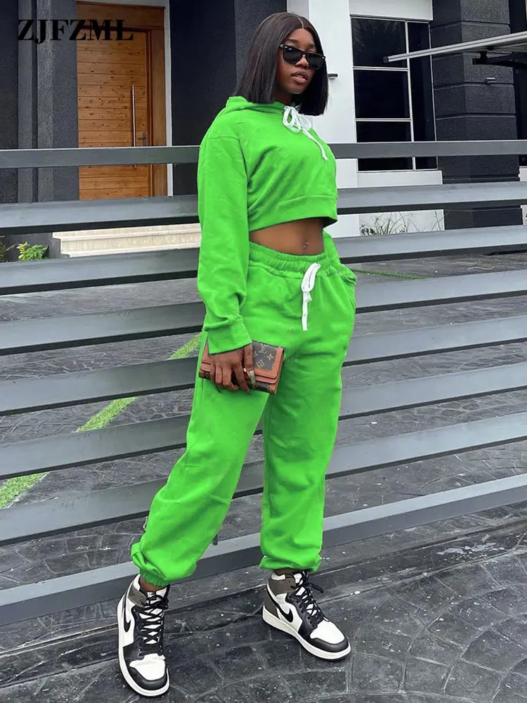 

Hipster Neon Green Two Piece Pant Suits Women Autumn Popular Hooded Long Sleeve Crop Hoodie+sporty Loose Sweatpant Female Outfit