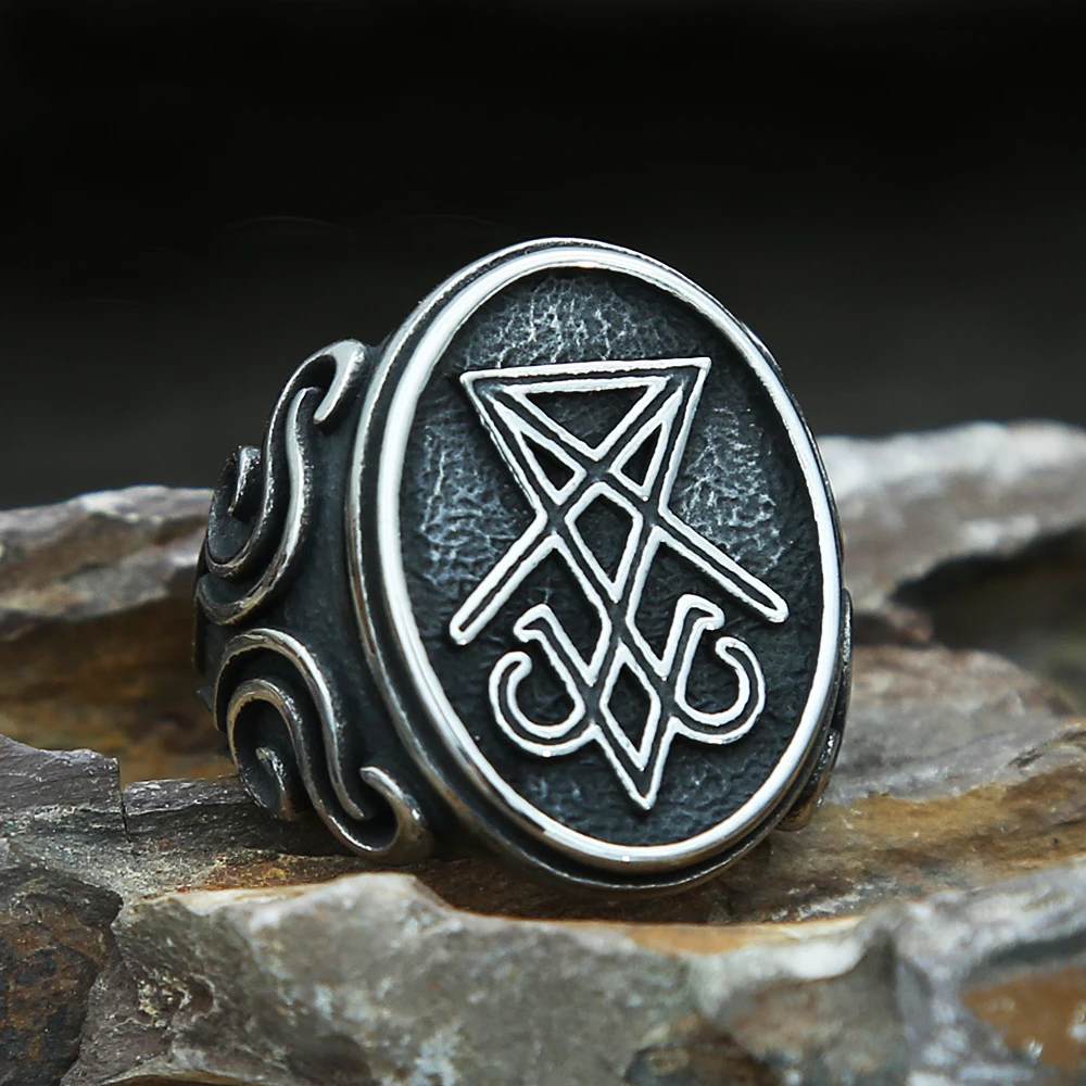 

Large Punk Vintage Satan Ring Stainless Steel Lucifer Ring For Men Unique Biker Demon Sign Amulet Jewelry Gifts Dropshipping