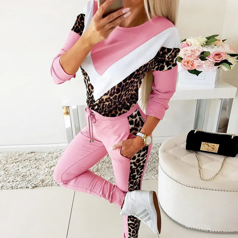 Women Tracksuit Patchwork Leopard O-neck Hooded Sweatshirt and Sweatpants Two Pieces Set Streetwear Female Jogger Suit