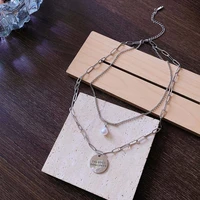 party jewelry korean style stainless steel chain double layered chocker womens short necklace pearl clavicle chain