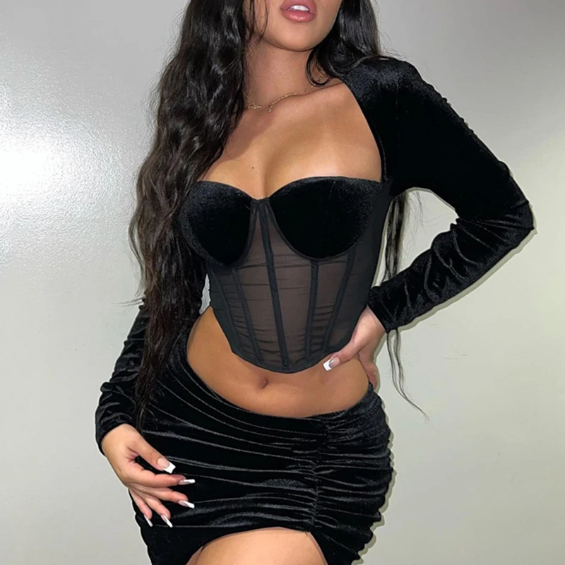 

Women Bodycon Outfits 2 Pieces Mesh Patchwork Hollow Long Sleeve Low Cut Tops+Ruched Mini Skirt Set Sexy Party Clubwear Black