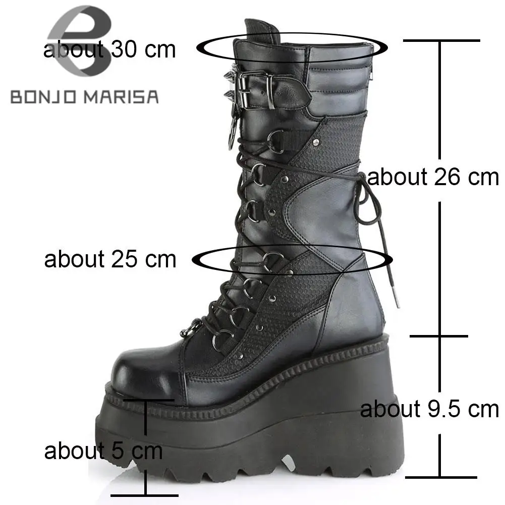 BONJOMARISA Brand Goth Platform High Wedges Buckle Zipper Women Boots Punk Cool Street Thick Heel Shoeslace Autumn Ladies Shoes | Обувь