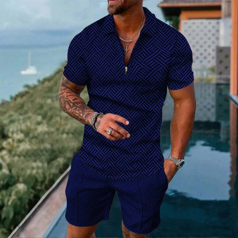 Men'S V-Neck Linen T-Shirt New Men's 3DPOLO Shirt Mixed Color Zipper Cotton Man Set breathable Sets Fashion Casual Pullover Suit