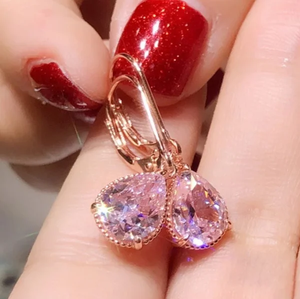 

S925 Silver Korean Drop Earrings For Women Water Drop Pink Cubic Zirconia Wedding Engagement Bridal Jewelry Dangle Earring