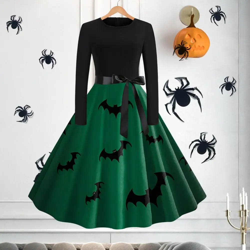 

Женское винтажное платье-качели с длинным рукавом, ТРАПЕЦИЕВИДНОЕ ПЛАТЬЕ с принтом летучая мышь и тыквы, коктейльное платье с длинным рукавом в стиле ретро для Хэллоуина