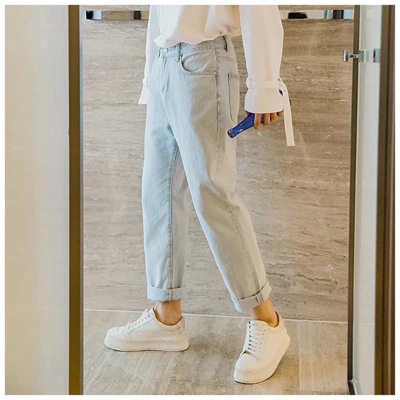 Streetwear Men 2022 New Pattern Vintage Recreational Light Blue Jeans Versatile Trend Straight Cylinder Trousers Autumn Female