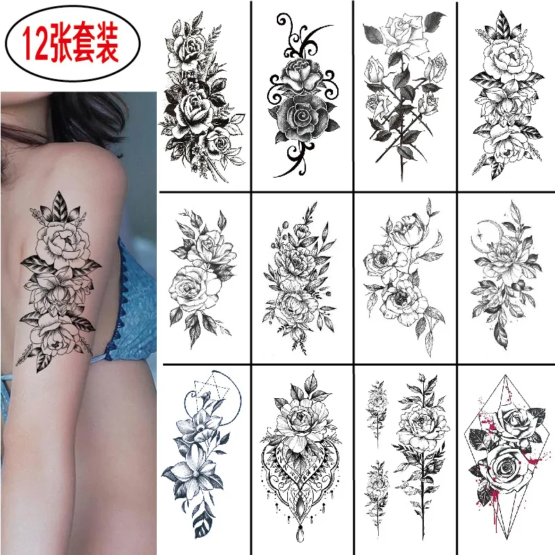 Disposable Fake Tattoo Stickers Female Body Upper Arm Black Sketch Flower Animal Set Waterproof Plain Flower Tattoo Stickers