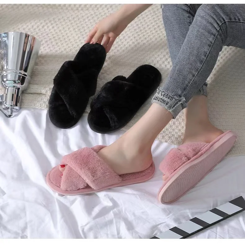 Slippers Women 2023 Womens Fur Slippers Winter Shoes Big Size Home Plush Warm Slipper Women Indoor Warm Fluffy Cotton Shoes