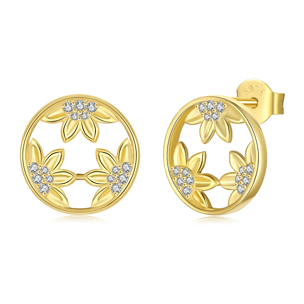 

925 Sterling Silver Gold Color Sunflower Round Shape Stud Earring Delicate You Are My Sunshine Jewelry Gifts for Women Girls