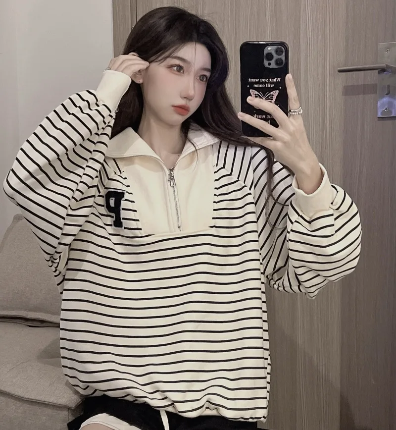 

Half-zippered Polo Neck Sweater Women's Spring and Autumn New Loose Casual Joker Lazy Wind Long Sleeve Thin Coat Y2k Clothes