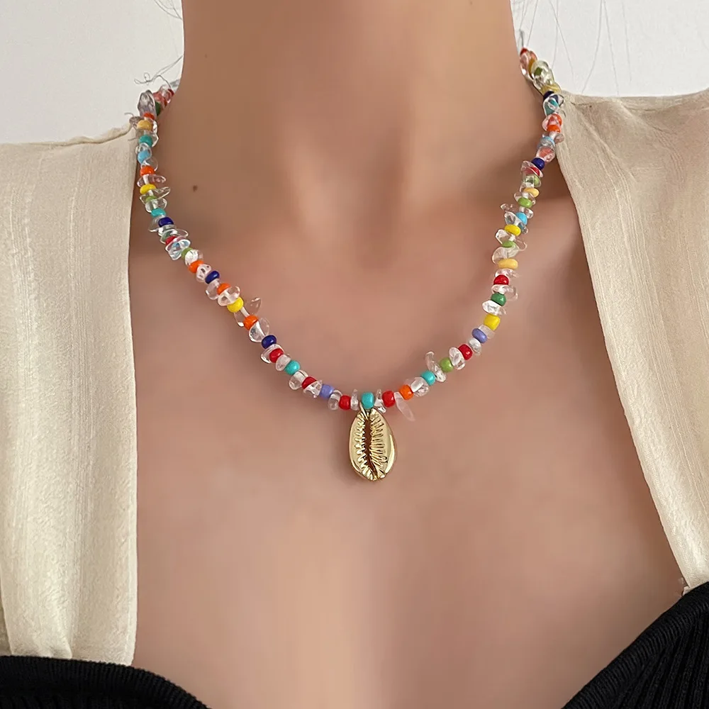 

Minar Bohemia Irregular Colourful Arcylic Beaded Necklace for Women Ladies Gold Color Metal Shell Shape Pendant Necklace Jewelry