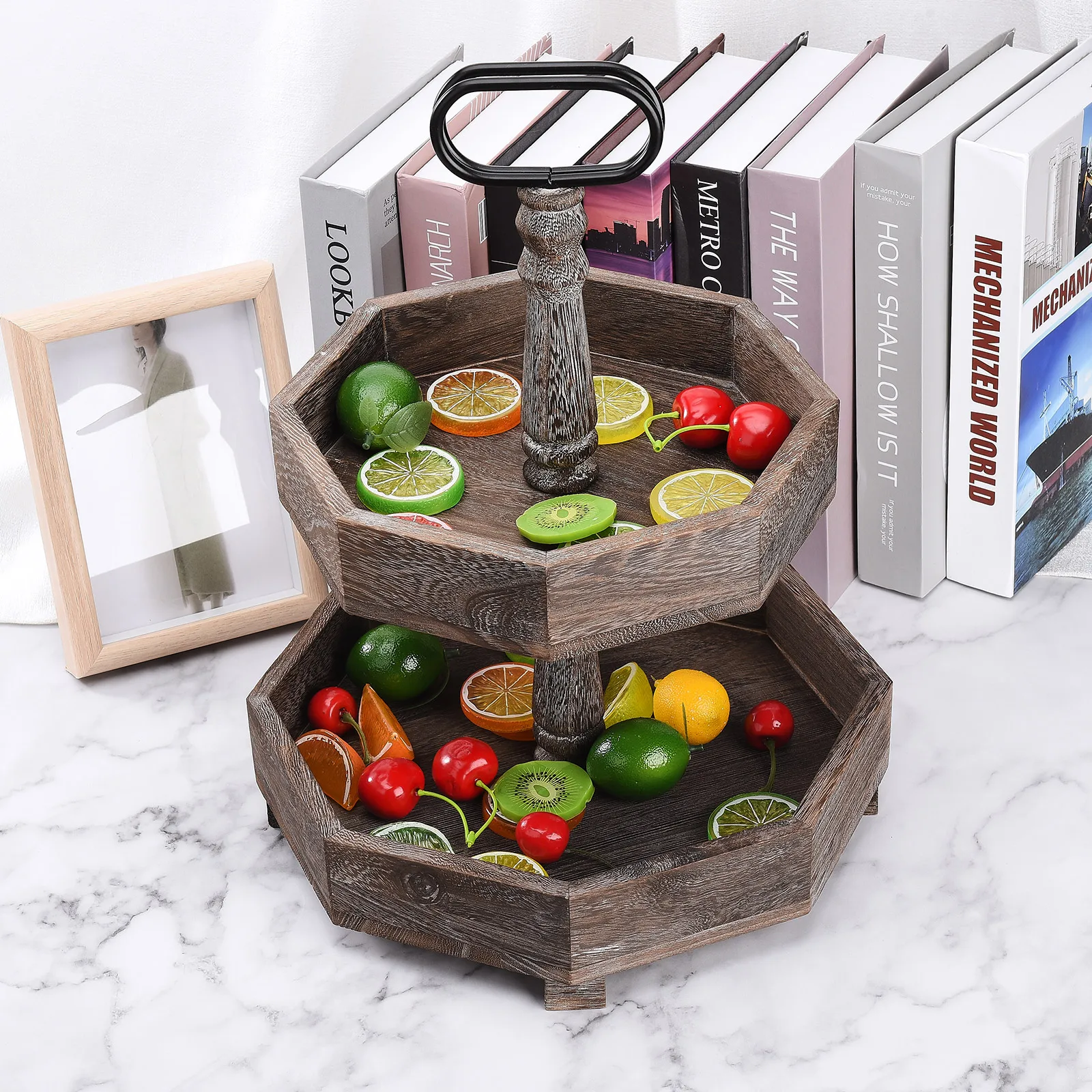 Wooden Pallet Display Stand Serving Tray Retro Do Old Style Racks For Dessert Fruit With Metal Handle Double Layer