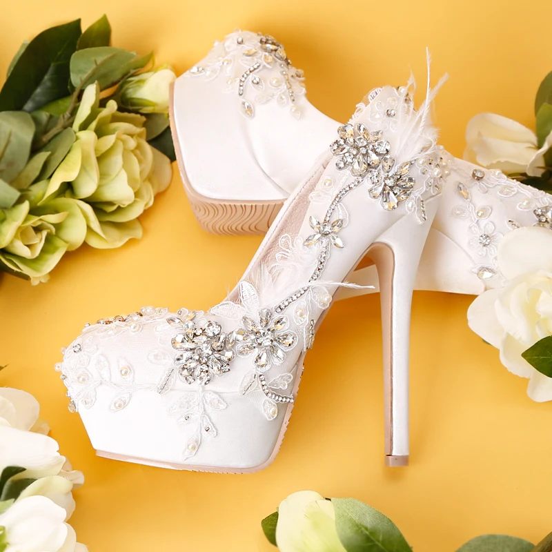 White Lace Wedding Shoes Rhinestone Flower Bride Dress Pumps Bridesmaid Super Stiletto High Heels Waterproof Paltform Feather