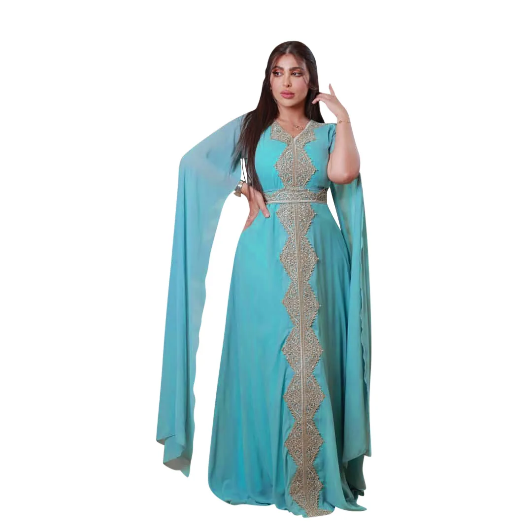 Summer 2023 Women's Clothing New Muslim Gown Embroidered Chiffon Dubai Abaya Arab Islamic Women with Belt Evening Dress Ramadan