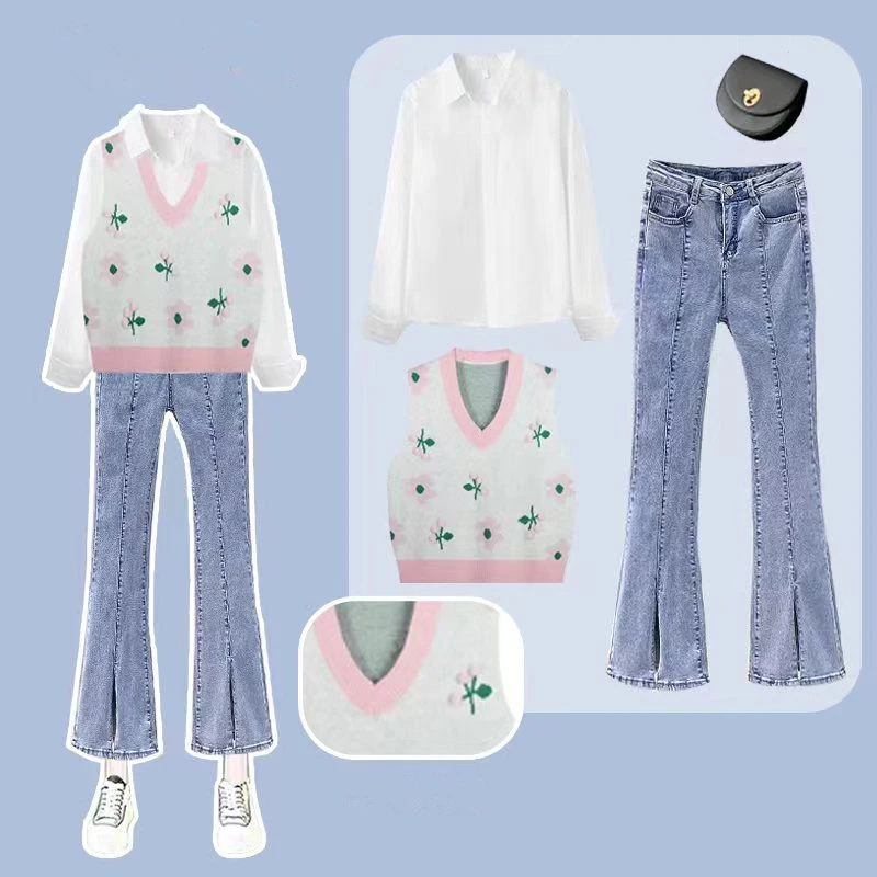 Женский весенний шикарный зеленый вязаный жилет с цветочным принтом белые