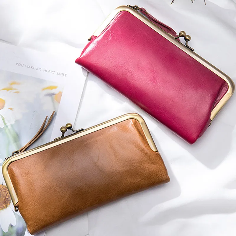 Luxury Genuine Leather Women Long Wallet Zipper Coin Purses Ladies Fold Card Holder Vintage Female Clutch Money Bag