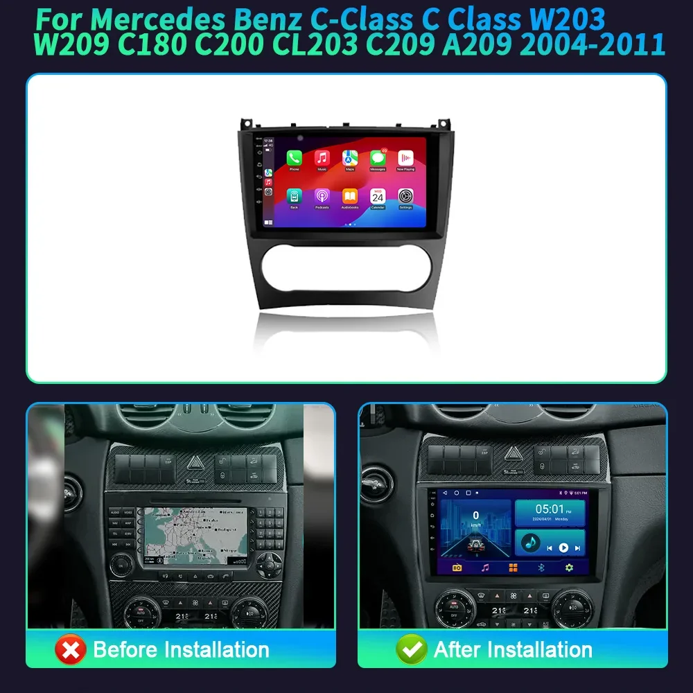Автомобильный радиоприемник Android 14 для Mercedes Benz C-Class W203 W209 C180 C200 CL203 C209 A209 2004-2011