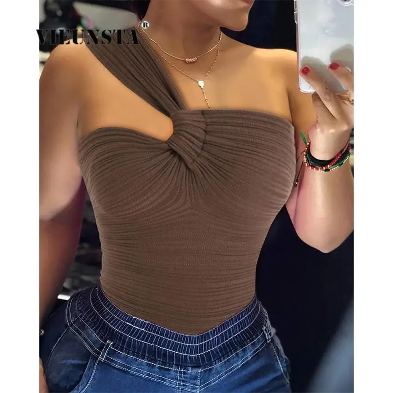 

Streetwear Bandage Rib Knit Asymmetrical Neck Tank Top Women Backless Crop Tops Summer Skinny Folds Sleeveless Vest Y2K Clothes