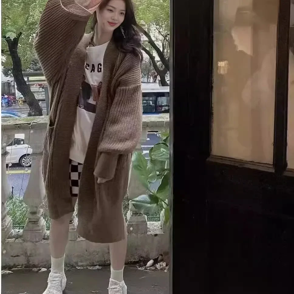 Женский длинный вязаный свитер однотонный Свободный кардиган на осень и зиму
